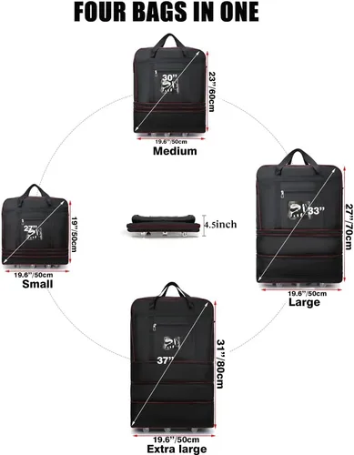 Vista 3 de ELDA Maleta plegable expandible con ruedas universales, bolsa de viaje rodante, bolsa de lona para hombres y mujeres, equipaje ligero de gran