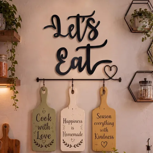 Vista 5 de Jetec 2 piezas Letrero para comer Signo de madera para decoración de pared de cocina Rústico Letreros cortados para comer Placa colgante de pared