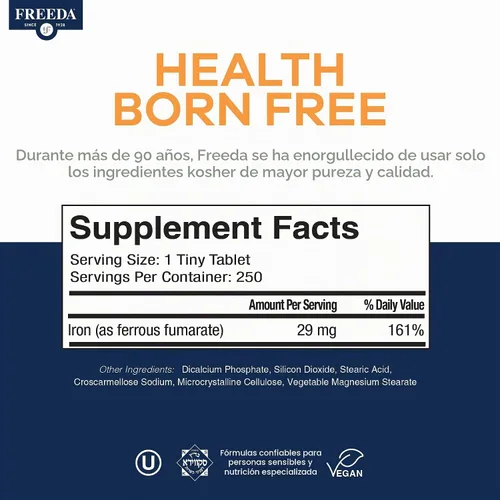 Vista 4 de FREEDA Suplemento de hierro suave de 29 mg, apto para el estómago, 250