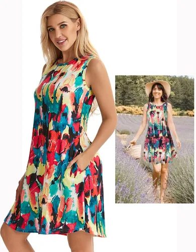 Vista 4 de elescat Vestidos de verano para mujer, estilo casual, sin mangas, estampado floral, holgado, con bolsillo