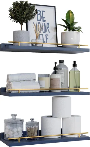 Vista 11 de WOPITUES Estantes flotantes con barandilla de metal negro, estantes para decoración de pared, juego de 3, estantes de pared para dormitorio, baño
