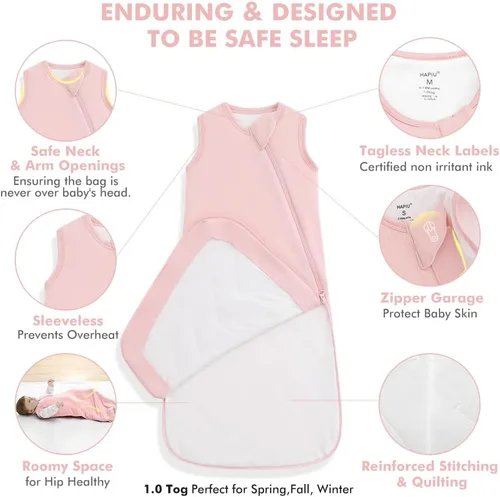 Vista 4 de HAPIU Saco de dormir unisex de rayón hecho de bambú TOG 1.0, cremallera premium de 2 vías, manta portátil para bebé All-Night Comfort, Buttery