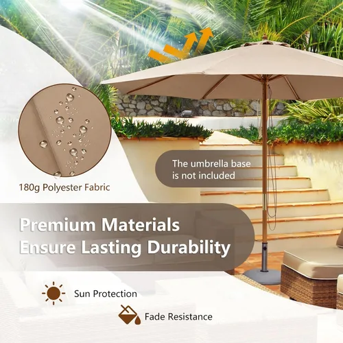 Vista 4 de HAPPYGRILL Sombrilla de madera para patio de 10 pies con polea de cuerda y Beige Bronceado