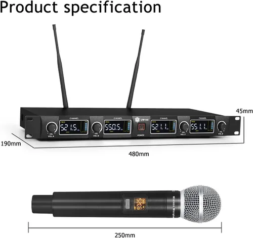 Vista 6 de W IN-MIX Sistema de micrófono inalámbrico UW140, juego de micrófono inalámbrico UHF de 4 canales con cuatro micrófonos de mano, frecuencia