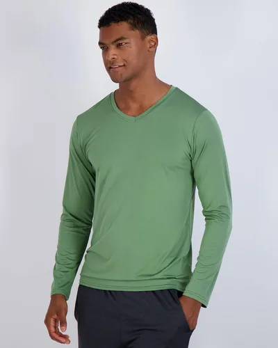 Vista 2 de Real Essentials Paquete de 4 camiseta deportiva de manga larga con cuello en V para hombre, de ajuste seco, para exteriores, UPF 50+