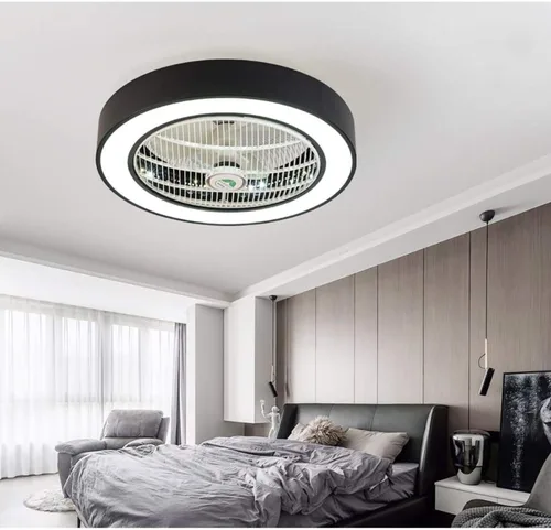 Vista 4 de LITFAD Lámpara de techo empotrada de tambor, moderna lámpara LED de ventilador de techo regulable con 6 aspas, luz de ventilador de techo Negro