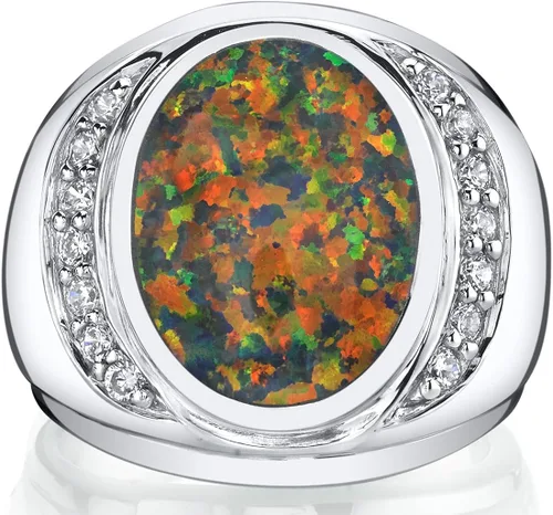 Vista 2 de Peora Anillo de sello de ópalo de fuego negro creado para hombre, plata de ley 925, forma ovalada, tamaño 8 a 13, Metal precioso Piedra preciosa