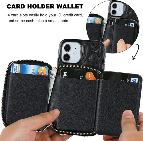 Vista 4 de Bocasal Funda tipo cartera cruzada para iPhone 12 Mini, bloqueo RFID, de piel sintética, con cremallera, funda tipo cartera con función atril