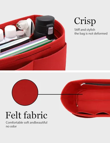 Vista 4 de Organizador de fieltro para bolso, bolsillo con cremallera y dos soportes extraíbles para botellas, Beige, rojo, negro, gris, café, rosa iluminado