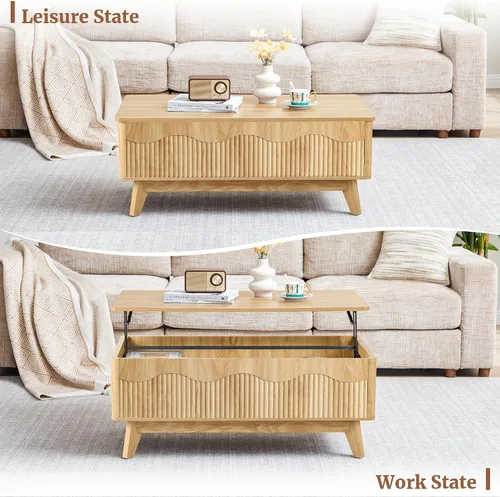 Vista 8 de BERRYMERRY Mesa de centro elevable con almacenamiento oculto, mesa de centro acanalada de granja con perfil ondulado, mesa central rectangular Roble
