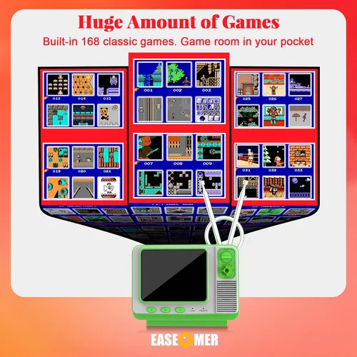 Vista 2 de EASEGMER Consola de juegos de mano retro con 168 juegos clásicos, estilo mini TV, pantalla de 3.0 pulgadas, salida AV, soporte para 2 jugadores