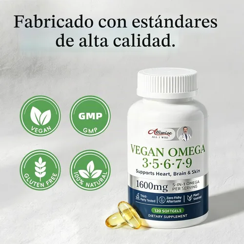 Vista 9 de Omega vegano 3 5 6 7 9 cápsulas blandas 1600 mg a base de plantas DHA EPA