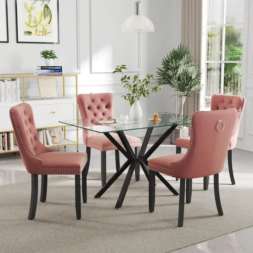 Vista 14 de Juego de comedor moderno de cristal de lujo de 5 piezas, juego de comedor rectangular minimalista para 4, juego de mesa de cocina de vidrio