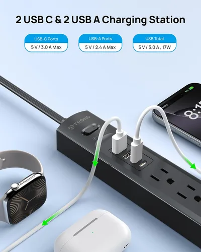 Vista 3 de TROND - Tira de alimentación con protector de sobretensiones, enchufe plano giratorio 360°, 5 tomas ampliamente espaciadas con 2 USB C y 2 USB A