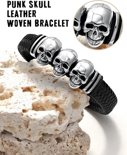 Vista 2 de Pulseras de cuero trenzado de calavera gótica para hombres y mujeres, acero inoxidable 316L, chapado en oro de 18 quilates, pulsera de cuero tejida