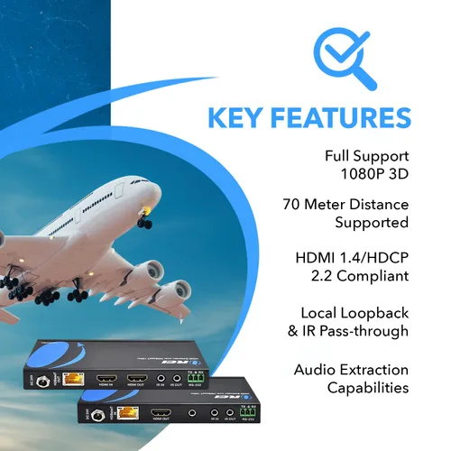 Vista 7 de OREI Ethernet a HDMI Balun 230ft 4K@60Hz, IR bidireccional, HDCP 2.2, HDBaseT Extensor HDMI 4K, receptor transmisor HDMI – 18 Gbps, HDR10, RS-232