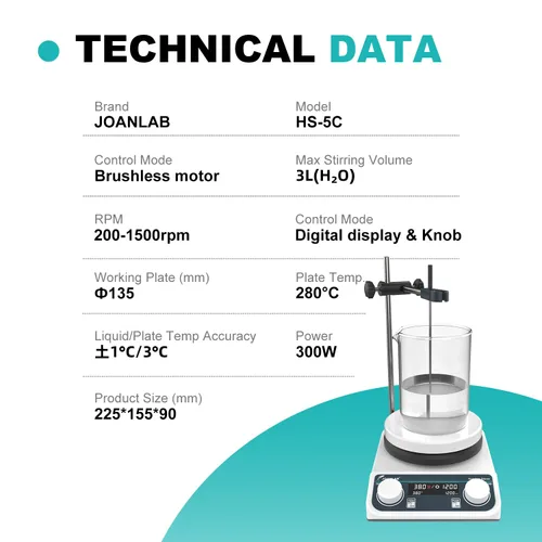 Vista 2 de JOANLAB HS5C Magnetic Stirrer Hot Plate, 3L, 280℃ 200-1500RPM 5 inch ceramic coated hot plate, 280℃/536℉ max, digital speed control, external temp