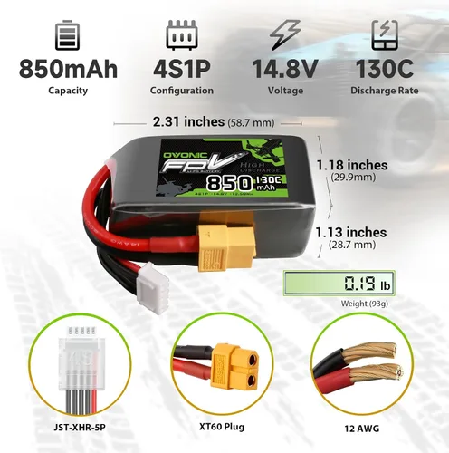 Vista 2 de OVONIC Batería Lipo de 14.8V 130C 850mAh 4S con enchufe XT60