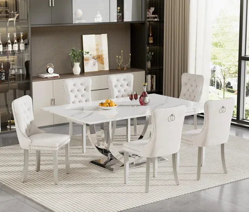 Vista 14 de HomVent Juego de mesa de comedor rectangular para 4, juego de mesa de cocina rectangular, juego de mesa de comedor de mármol sintético, juego