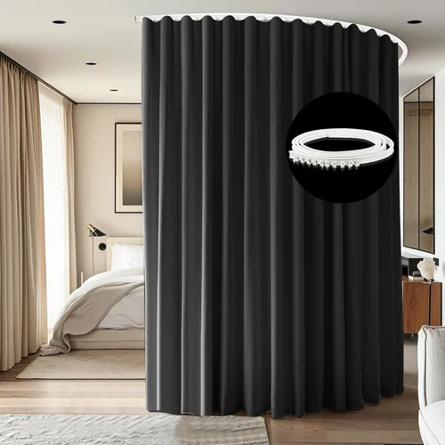 Vista 12 de Divisor de habitación con rieles para cortinas montadas en el techo, juego extra ancho de cortinas opacas con rieles flexibles para dormitorio