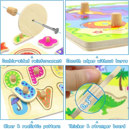 Vista 4 de Rompecabezas de madera para niños pequeños de 1 a 3: 6 rompecabezas del alfabeto y números con perillas y soporte de rompecabezas de alambre