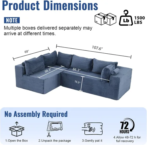 Vista 2 de Sofá modular modular con otomana, sofá modular de 5 plazas, sofá tipo nube con tela de pana, no requiere montaje para sala de estar grande