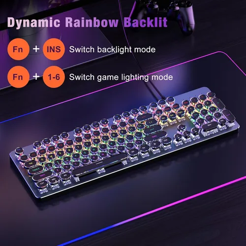 Vista 3 de RisoPhy Teclado mecánico para juegos estilo máquina de escribir, panel de metal, teclas redondas punk retro, interruptor azul clicky