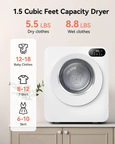 Vista 5 de Euhomy Secadora portátil de 1.5 pies cúbicos, secadora de ropa de 850 W con tambor de acero inoxidable, 4 funciones, panel de control LED, secadores