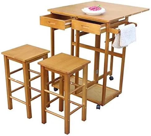 Vista 4 de Juego de mesa de comedor de 3 piezas con ruedas, 2 cajones, 2 sillas cuadradas, hoja plegable, mesa de cocina pequeña (marrón)
