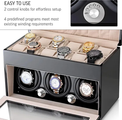 Vista 5 de Enrollador de reloj y caja de almacenamiento para enrollar 3 relojes automáticos y 12 espacios de almacenamiento de relojes