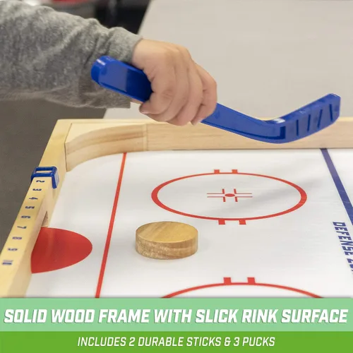 Vista 4 de GoSports Hockey Ice Pucky - Juego de hockey de mesa de madera para niños y adultos - Incluye 1 tablero de juego, 2 palos de hockey y 3 discos