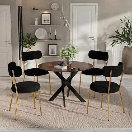 Vista 35 de Moderno juego de mesa de comedor redonda de 3 piezas, mesa de MDF circular negra y 2 sillas de comedor negras Boucle, muebles de cocina con marco