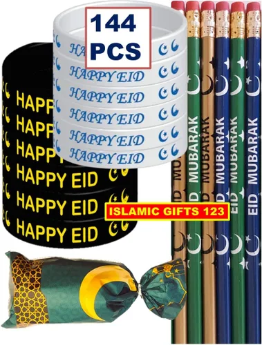 Vista 4 de Eid Favors - 144 pulseras de lápices Eid, bolsas de golosinas Eid, regalos para niños, Ramadán, novedad árabe