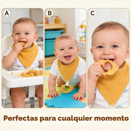 Vista 6 de Baberos de dentición para bebé, paquete de 6 con mordedor acoplable, 100% algodón orgánico, baberos súper absorbentes y suaves Beige