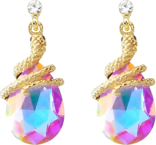 Vista 26 de Navachi Pendientes colgantes de gota de serpiente con forma de pera multicolor de cristal chapado en oro de 18 quilates Negro