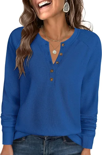Vista 14 de ANRABESS Camisas de manga larga Henley de punto gofre para mujer Negro