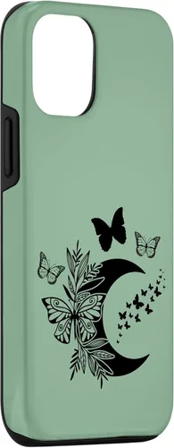 Vista 3 de Funda de bruja Wicca Wicca para iPhone 15, diseño de luna y mariposa, color verde salvia