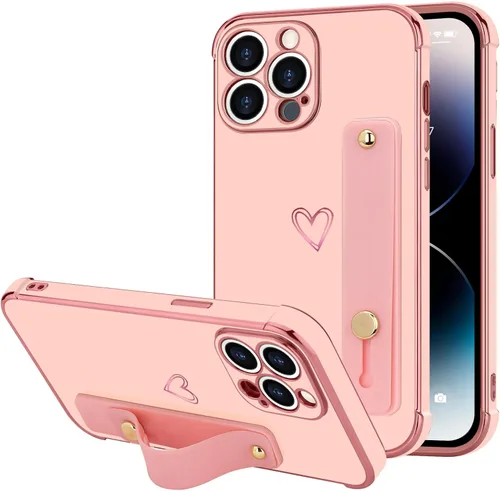 Vista 45 de LLZ.COQUE Funda compatible con iPhone 12 para mujeres y niñas, parachoques chapado de lujo con bonito diseño de corazón de amor, soporte de correa