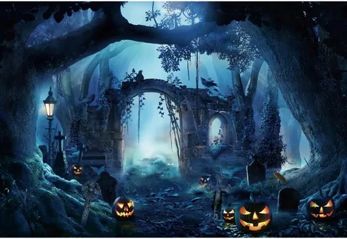 Vista 3 de Renaiss Telón de fondo de Halloween de 7 x 5 pies, bosque oscuro, cementerio, arco de fotografía, fondo de calabaza, lápida de árbol grande
