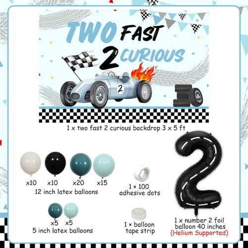 Vista 6 de Two Fast Two Curious - Decoraciones de cumpleaños para niño, decoración de segundo cumpleaños de coche de carreras, arco de globos azules y negros