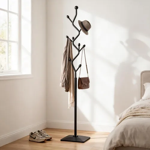 Vista 3 de Perchero en forma de árbol ZHBHYZ, árbol de abrigos de metal con 8 ganchos y base de hierro fundido resistente, perchero de pie de alta resistencia
