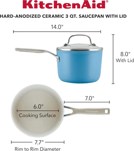 Vista 2 de KitchenAid Sartén antiadherente de cerámica anodizada dura con tapa, 3 cuartos de galón, terciopelo azul