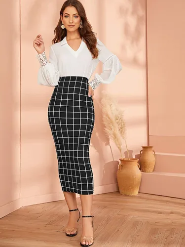 Vista 5 de Verdusa Elegante falda de largo medio a cuadros con cintura elástica para mujer