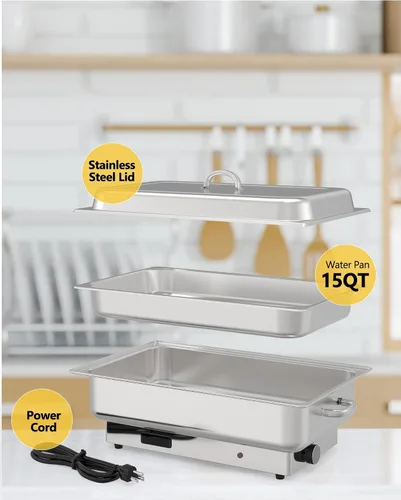 Vista 3 de Juego de bufé eléctrico de 9 cuartos de galón de acero inoxidable, calentador de alimentos comercial con pantalla de control de temperatura