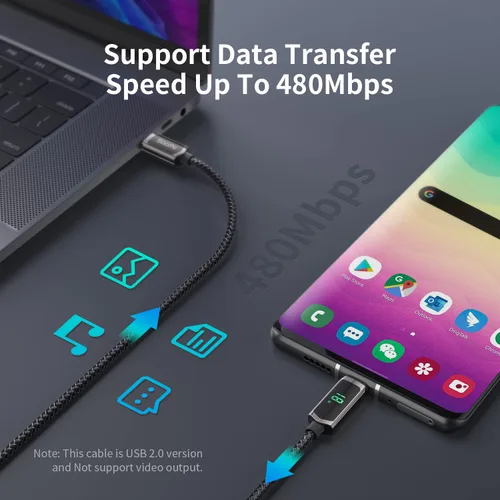 Vista 4 de SOOPII Cable USB C a USB C de 100 W, cable trenzado tipo C de nailon de 1 pie con pantalla LED para iPhone 15/15 Pro/15 Plus/15 Pro Max, MacBook