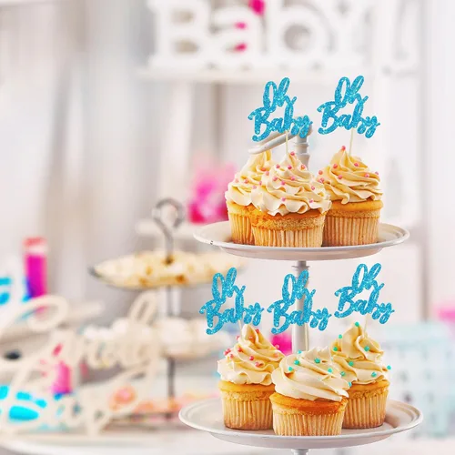 Vista 6 de 24 adornos para cupcakes con purpurina para baby shower, para baby shower, temática de revelación de género, decoraciones para pasteles para baby