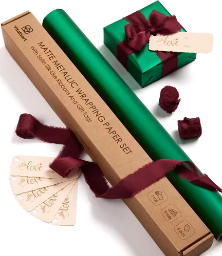 Vista 9 de Vitalizart Juego de papel de regalo metálico negro mate de 17 pulgadas con cinta de satén de seda y etiquetas de regalo, envoltura de regalos