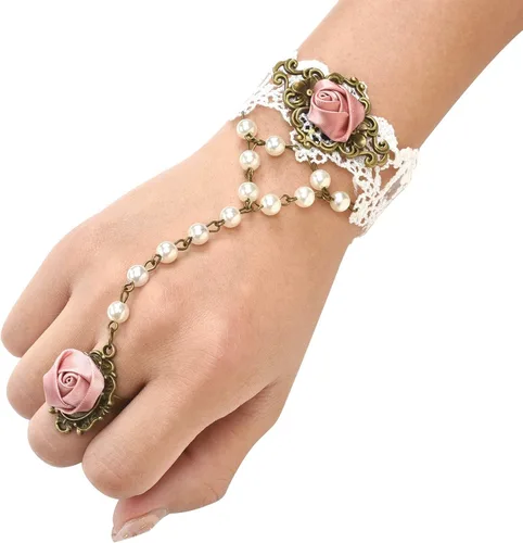 Vista 3 de Conjunto de Gargantilla, Pulsera y Anillo para Mujer, Collar de Encaje Gótico Vintage con Colgante de Abalorios, Joyería A: blanco