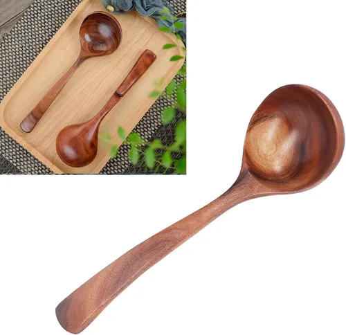 Vista 2 de Cuchara de madera con mango largo, cuchara de teca de madera para servir profunda, gachas de avena para cocinar cocina, acabado suave, textura