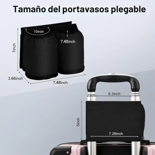 Vista 9 de Portavasos de viaje para equipaje para maletas manos libres, accesorios de viaje, accesorio portavasos para bebidas de equipaje de mano, regalo Negro